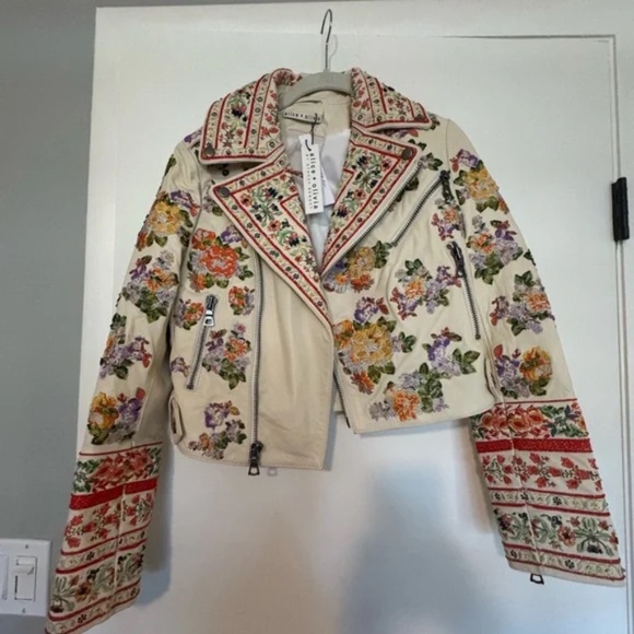 Alice + Olivia Cody Embellished Moto Leather Jacket Floral White - Picture 6 of 11